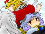  :&lt; anger_vein animal_ears annoyed blonde_hair blue_hair blush_stickers breast_rest breasts breasts_on_head from_below goton_goton hair_ornament headboob large_breasts lavender_hair mouse_ears multiple_girls nazrin red_eyes short_hair toramaru_shou touhou yellow_eyes 