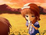  brown_eyes brown_hair child clannad flower hat mokyutan okazaki_ushio sailor_dress school_uniform short_hair sunset 