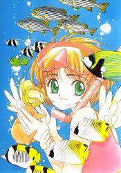  90s blue_background card_captor_sakura cardcaptor_sakura child clamp fish kero kinomoto_sakura solo wings 