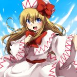  blue_eyes bow bowtie capelet hand_on_own_chest hat hat_bow lily_white long_hair marimo_danshaku open_mouth singing sky smile solo touhou 