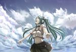  aqua_hair bare_shoulders cherry_blossoms closed_eyes cloud hands happy hatsune_miku headphones long_hair midriff navel open_mouth outstretched_arms outstretched_hand petals shiokonbu singing skirt sky smile solo twintails very_long_hair vocaloid 