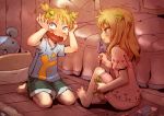  blonde_hair blue_eyes bow bow_(artist) bow_(bhp) embarrassed evil_grin evil_smile fang feet grin hair_bow hand_mirror holding_head long_hair mirror original pajamas short_twintails shorts smile twintails 