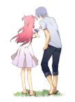  1girl angel_beats! baby beniko blue_hair carrying casual couple dress family from_behind good_end hinata_(angel_beats!) if_they_mated long_hair pink_hair sandal sandals short_hair spoilers sundress yui_(angel_beats!) 