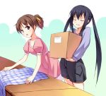  box brown_hair cardboard_box casual closed_eyes dress hair_ribbon hirasawa_ui k-on! long_hair nakano_azusa ponytail ribbon senji_(artist) senji_(tegone_spike) shorts twintails 