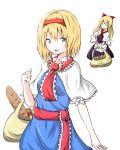  1girl alice_margatroid apron arm_up bag baguette blonde_hair blue_eyes bow bread capelet clenched_hand dress flying food grocery_bag hair_bow headband looking_at_viewer onakasuitao! open_mouth ribbon sash shanghai_doll shopping_bag short_hair solo touhou waist_apron 
