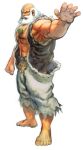  1boy abs bald barefoot bead beard clenched_hand concept_art facial_hair gouken ikeno_daigo jewelry muscle necklace official_art old_man outstretched_hand scar sleeveless solo street_fighter street_fighter_iv torn_clothes vest white_hair 