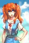  cloud clouds esphy hand_on_hip long_hair lowres neon_genesis_evangelion open_mouth orange_hair ribbon school_uniform shikinami_asuka_langley sky solo souryuu_asuka_langley twintails 