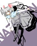  blush capelet dowsing_rod grey_hair highres looking_back mary_janes mouse_ears mouse_tail nazrin pantyhose red_eyes shoes short_hair shoushinmono simple_background solo tail touhou 