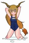  artist_request bow brown_eyes brown_hair eyebrows hair_bow highres horns ibuki_suika long_hair monaka_(mentsukidou) name_tag one-piece_swimsuit orange_hair school_swimsuit solo swimsuit touhou 