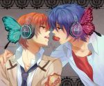  angel_beats! blue_hair butterfly butterfly_hair_ornament eye_contact food fruit hair_ornament headphones hinata_(angel_beats!) magnet_(vocaloid) male mouth_hold multiple_boys orange_eyes orange_hair otonashi_(angel_beats!) parody school_uniform strawberry vocaloid yaoi zhuo_mi 