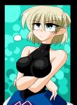  :&lt; bare_shoulders blonde_hair blue_eyes breasts crossed_arms erect_nipples kieyza large_breasts mizuhashi_parsee pointy_ears sleeveless solo touhou 