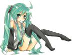  ahoge bad_id blush detached_sleeves green_eyes green_hair hatsune_miku long_hair necktie shibakumo simple_background sitting skirt solo thigh-highs thighhighs twintails vocaloid 