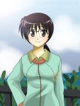   alicesukishima44 black_eyes black_hair clouds genderswap glasses hand_on_hip jumper love_hina plant ponytail short_hair sky smile solo urashima_keitarou  