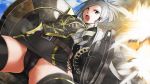  belt grey_hair monster_hunter monster_hunter_frontier open_mouth thigh-highs thighhighs v-mag weapon yellow_eyes 