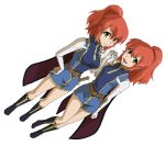  belt boots brown_eyes chastel_aiheap dg_chipmunk dutch_angle gloves hisca_aiheap hisuka_aiheap holding_hands multiple_girls ponytail red_hair redhead shastere_aiheap siblings sisters sword tales_of_(series) tales_of_vesperia tales_of_vesperia:_the_first_strike twins weapon white_background 