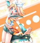  blue_eyes bow detached_sleeves hair_bow kagamine_rin midriff nagare navel open_mouth solo vocaloid 