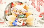  animal_ears cat_ears cat_tail chen chibi flower fox_tail haneo_(hao) happy hat hug multiple_girls multiple_tails no_nose sitting tail touhou traditional_media watercolor_(medium) yakumo_ran 