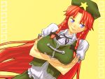  bad_id beret blue_eyes bow braid breast_hold breasts crossed_arms face hair_bow hat highres hong_meiling large_breasts long_hair red_hair redhead shiba_itsuki solo star touhou twin_braids very_long_hair 
