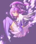  1girl crossed_arms cure_sword curled_up dokidoki!_precure harekawa kenzaki_makoto ponytail precure purple_background purple_hair simple_background solo thigh-highs violet_eyes 