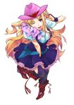  blue_eyes boots chimaki_(pixiv) cowboy_hat dress earrings hat jewelry long_hair macross macross_frontier macross_frontier:_itsuwari_no_utahime macross_frontier:_the_false_diva sheryl_nome single_earring thighhighs western wink 