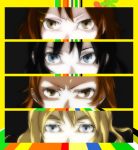  akiyama_mio blonde_hair blue_eyes brown_eyes brown_hair column_lineup hirasawa_yui k-on! kotobuki_tsumugi multiple_girls parody persona persona_4 persona_eyes pororokka serious tainaka_ritsu 