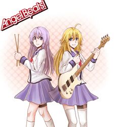  angel_beats! blonde_hair blue_eyes guitar instrument irie_(angel_beats!) jikasei long_hair multiple_girls purple_eyes purple_hair school_uniform sekine skirt socks thigh-highs thigh_strap thighhighs violet_eyes white_legwear white_thighhighs 