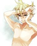  aqua_eyes blonde_hair highres kagamine_len male nail_polish nude ponytail solo tears topless vocaloid yamako_(artist) 