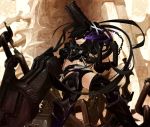  armor belt beltskirt black_hair black_rock_shooter boots chain gauntlets glowing glowing_eyes greaves huge_weapon insane_black_rock_shooter long_hair midriff nagi_(pixiv1067194) purple_eyes shorts solo stitches sword thighhighs twintails violet_eyes weapon 