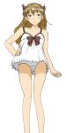  blue_eyes blush bow brown_hair camisole from_below hand_on_hip highres legs long_hair neon_genesis_evangelion panties ribbon sachisuke_masumura shikinami_asuka_langley simple_background solo souryuu_asuka_langley white_panties 