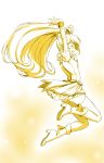  1girl arms_up blush closed_eyes cure_peace jumping kazuma_muramasa kise_yayoi long_hair monochrome outstretched_arm ponytail precure profile smile_precure! solo 