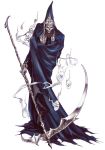  bracelet castlevania castlevania:_lament_of_innocence cloak death_(castlevania) death_(entity) evil_grin evil_smile ghost grin hitodama hood jewelry kojima_ayami konami official_art robe scythe skeleton skull smile smoke solo standing teeth tunic weapon 