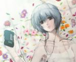  blue_hair camisole earphones flower lying neon_genesis_evangelion on_back red_eyes shanghai_man short_hair walkman 