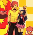  1boy 1girl afro age_difference blue_hair height_difference hikari_(pokemon) holding holding_poke_ball long_hair magby magmortar ooba_(pokemon) poke_ball pokemon pokemon_(creature) pokemon_(game) pokemon_dppt red_hair redhead scarf thighhighs wink ymy 