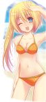  amanagi_seiji bad_id bikini blonde_hair blue_eyes breasts cleavage highres long_hair original polka_dot polka_dot_bikini polka_dot_swimsuit side_ponytail solo subaru_(insmode) swimsuit wink 