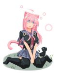  ahoge animal_ears bad_id blue_eyes blush_stickers breasts cat cat_ears cat_tail large_breasts long_hair open_mouth pink_hair skirt tail thigh-highs thighhighs yace 