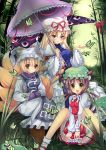  :d animal_ears bamboo bamboo_forest blonde_hair brown_hair butterfly cat_ears cat_tail chen duji_amo earrings forest fox_tail gap hands_in_sleeves hat highres jewelry long_hair multiple_tails nature open_mouth purple_eyes short_hair smile tail touhou umbrella violet_eyes yakumo_ran yakumo_yukari yellow_eyes 