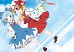  blonde_hair blue_eyes blue_hair bow cirno cravat dress dutch_angle flandre_scarlet hair_bow hat ice multiple_girls pointing red_eyes rin_(artist) rin_(royal) short_hair side_ponytail skirt touhou vest wings 