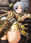  boots grey_hair monster_hunter monster_hunter_frontier ponytail smile thigh-highs thigh_boots thighhighs v-mag wink yellow_eyes 