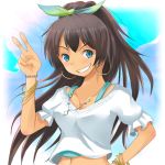  blue_eyes bracelet casual earrings face ganaha_hibiki grin idolmaster jewelry long_hair midriff navel necklace nira_(artist) nira_(vira) ponytail smile v 