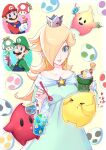  &gt;_&lt; 1-up_mushroom 1girl 2boys absurdres bare_shoulders baskin-robbins blonde_hair blue_dress blue_eyes blue_overalls blush brooch brown_hair collarbone crown dress earrings eyelashes facial_hair food green_headwear green_shirt hair_over_one_eye hat heart highres holding holding_food holding_ice_cream hungry_luma_(super_mario_galaxy) ice_cream ice_cream_cone ice_cream_spoon jewelry long_sleeves luigi luma_(mario) mario multiple_boys mustache off-shoulder_dress off_shoulder overalls parted_lips pink_nails red_headwear red_shirt rosalina shirt smile spoon star_(symbol) star_brooch star_earrings super_mario_bros. super_mario_galaxy super_mushroom super_star_(mario) tsuki_(applebeniakari) warp_pipe yoshi_egg 