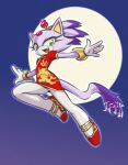  1girl animal_ears blaze_the_cat cat_ears cat_girl cat_tail chinese_clothes dress fang flame_print forehead_jewel full_moon gloves hair_ornament j-fujita jewelry moon open_mouth ponytail purple_fur red_dress red_footwear sonic_(series) tail white_gloves yellow_eyes 