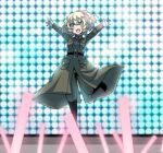  1girl :d black_footwear blonde_hair blue_eyes boots closed_mouth coat concert facing_viewer gloves green_coat green_pants hal_(goshujinomocha) long_sleeves looking_at_viewer military military_coat military_uniform open_mouth outstretched_arms pants pants_tucked_in short_hair smile solo stage standing standing_on_one_leg tanya_degurechaff uniform white_gloves youjo_senki 
