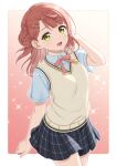  1girl ar_(rikuesuto) black_skirt breasts hair_bun hair_ornament hairclip long_hair love_live! love_live!_nijigasaki_high_school_idol_club nijigasaki_academy_school_uniform open_mouth redhead school_uniform single_side_bun skirt smile solo tongue uehara_ayumu upper_body vest yellow_eyes 