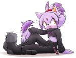  1girl absurdres animal_ears arm_on_knee black_footwear black_pants blaze_the_cat cat_ears cat_girl cat_tail chain eyelashes forehead_jewel highres midriff navel pants ponytail purple_fur simple_background sitting sonic_(series) sugar_danny13 tail white_background yellow_eyes 