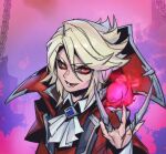  1boy ascot black_sclera blonde_hair blood coat colored_sclera hemokinesis league_of_legends looking_at_viewer lower_teeth_only magic male_focus medium_hair open_mouth phantom_ix_row red_coat red_eyes smile solo teeth v-shaped_eyebrows vampire vladimir_(league_of_legends) white_ascot 