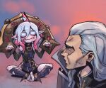  1boy 1girl ahoge belt black_belt black_jacket blood_on_mouth briar_(league_of_legends) closed_mouth colored_sclera colored_skin commentary detached_sleeves feet grey_hair hair_between_eyes hair_slicked_back jacket league_of_legends long_hair looking_at_another looking_at_viewer no_pupils phantom_ix_row pink_hair pointy_ears red_sclera sidelocks sitting spread_legs stirrup_legwear swain_(league_of_legends) symbol-only_commentary toeless_footwear toeless_legwear toes vampire white_eyes wrist_cuffs 