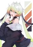  1other black_jacket blonde_hair gradient_hair green_eyes green_hair highres jacket long_hair melissa_kinrenka multicolored_hair nijisanji oribito_(dnwd3782) other_focus oversized_clothes solo twintails very_long_hair virtual_youtuber 