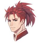  1boy cropped_shoulders eyeshadow fate/grand_order fate_(series) high_ponytail li_shuwen_(fate) li_shuwen_(young)_(fate) light_frown long_hair looking_at_viewer makeup male_focus ponytail red_eyeshadow redhead sdz_(inazuma) sideburns thick_eyebrows white_background 