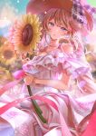  1girl absurdres artist_logo bead_bracelet beads blonde_hair blue_eyes blue_gemstone blurry blurry_background bow bracelet clouds collarbone dress drill_hair fate/grand_order fate_(series) flower gem hat hat_bow highres holding holding_flower jewelry long_hair marie_antoinette_(fate) parted_lips pink_ribbon plaid plaid_bow red_gemstone ribbon shell_hair_ornament sky solo sun_hat sunflower totomiya white_dress white_flower yellow_flower 