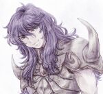  1boy a26g8 armor closed_mouth eyelashes hair_between_eyes highres long_hair looking_at_viewer male_focus monochrome purple_theme saint_seiya scorpio_milo shoulder_spikes simple_background smile solo spikes traditional_media upper_body wavy_hair white_background 
